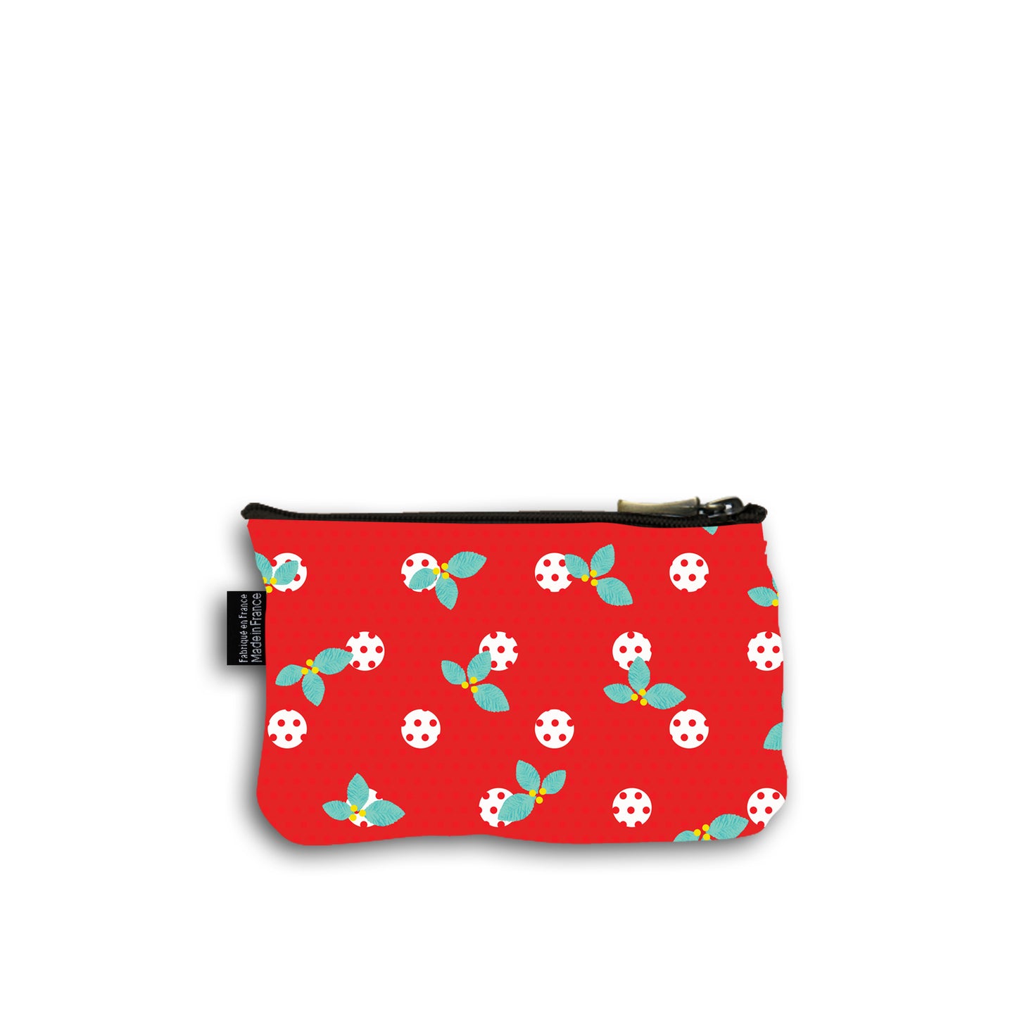 Dos de la pochette en coton de 10 centimètres par 15 centimètres . Le fond du motif de la pochette est rouge avec des pois rouges et des plus gros pois blanc surmonté de feuilles de houx turquoises avec des petites baies jaunes. Pochette avec un zip noir et un curseur couleur bronze.