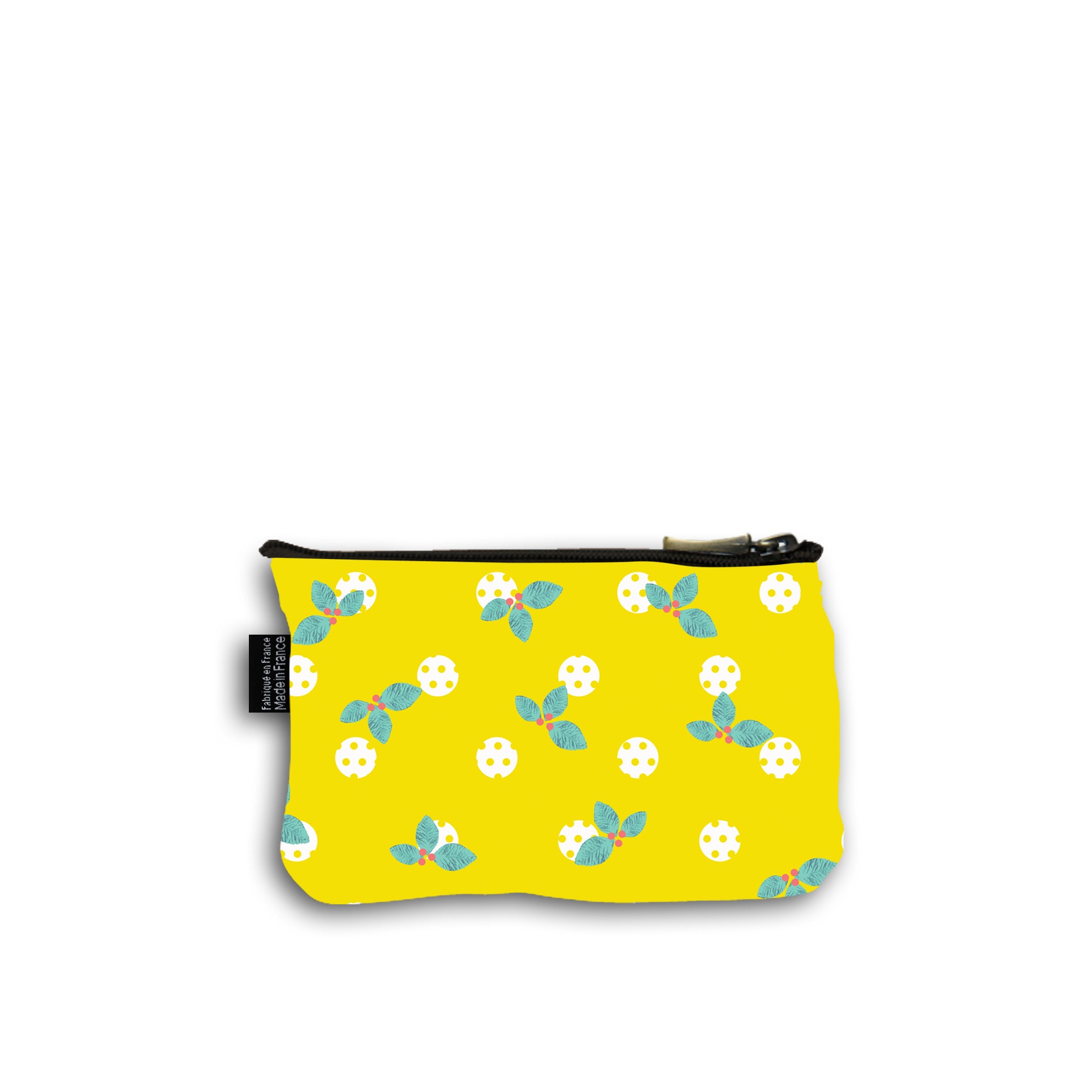 Dos de la pochette en coton de 10 centimètres par 15 centimètres .  Le fond du motif de la pochette est jaune avec des pois jaunes et des plus gros pois blanc surmonté de feuilles de houx turquoises avec des petites baies rouges.  Pochette avec un zip noir et un curseur couleur bronze.