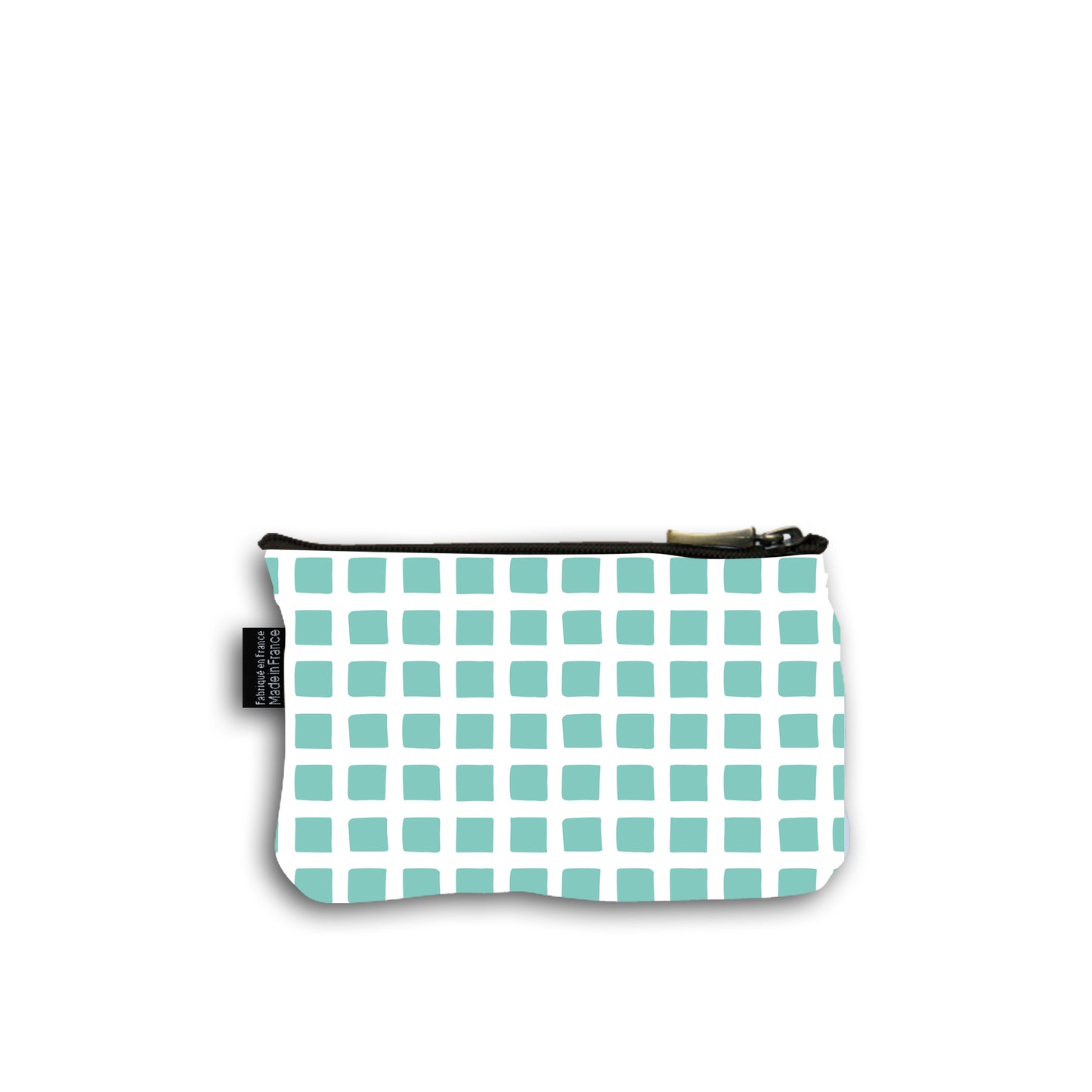 Dos de la pochette en coton de 10 centimètres par 15 centimètres. Le motif de la pochette représente des carrés turquoises.  Pochette avec un zip noir et un curseur couleur bronze.