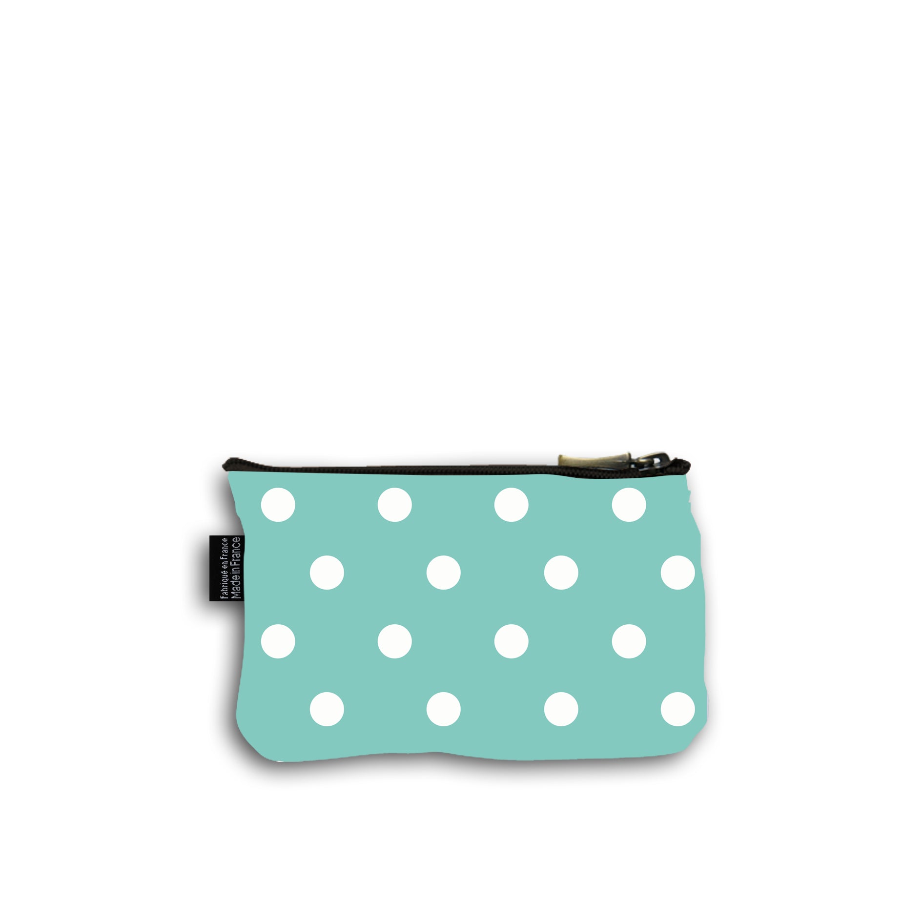 Dos de la pochette en coton de 10 centimètres par 15 centimètres. Le motif de la pochette représente des pois blancs sur un fond turquoise . Pochette avec un zip noir et un curseur couleur bronze.