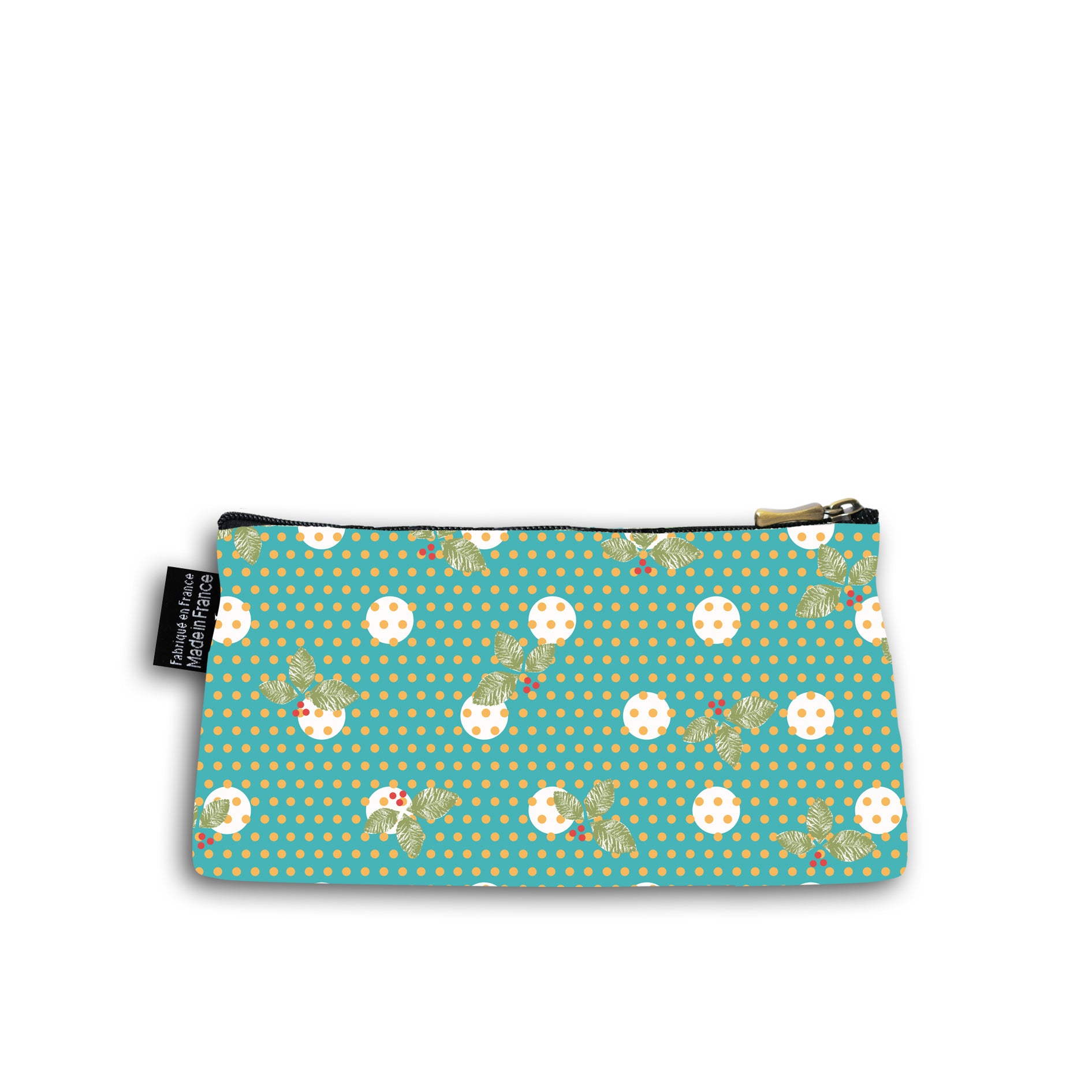 Dos de la trousse en coton de 10 centimètres par 20 centimètres. Trousse avec un zip noir et un curseur couleur bronze. Le fond de la trousse est couleur turquoise avec des petits pois orange et des feuilles de houx vertes et baies rouges.