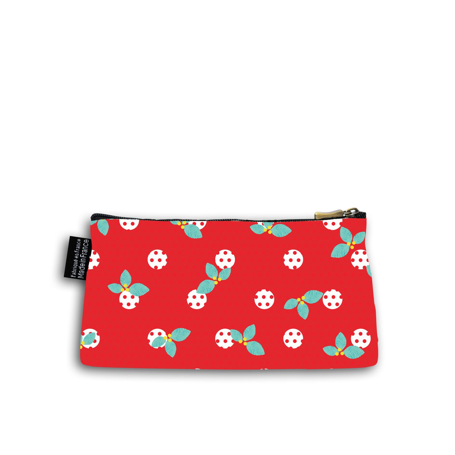 Dos de la trousse en coton de 10 centimètres par 20 centimètres. Trousse avec un zip noir et un curseur couleur bronze. Le fond de la trousse est couleur rouge avec des petits pois rouge et des feuilles de houx bleu turquoise et baies jaunes.